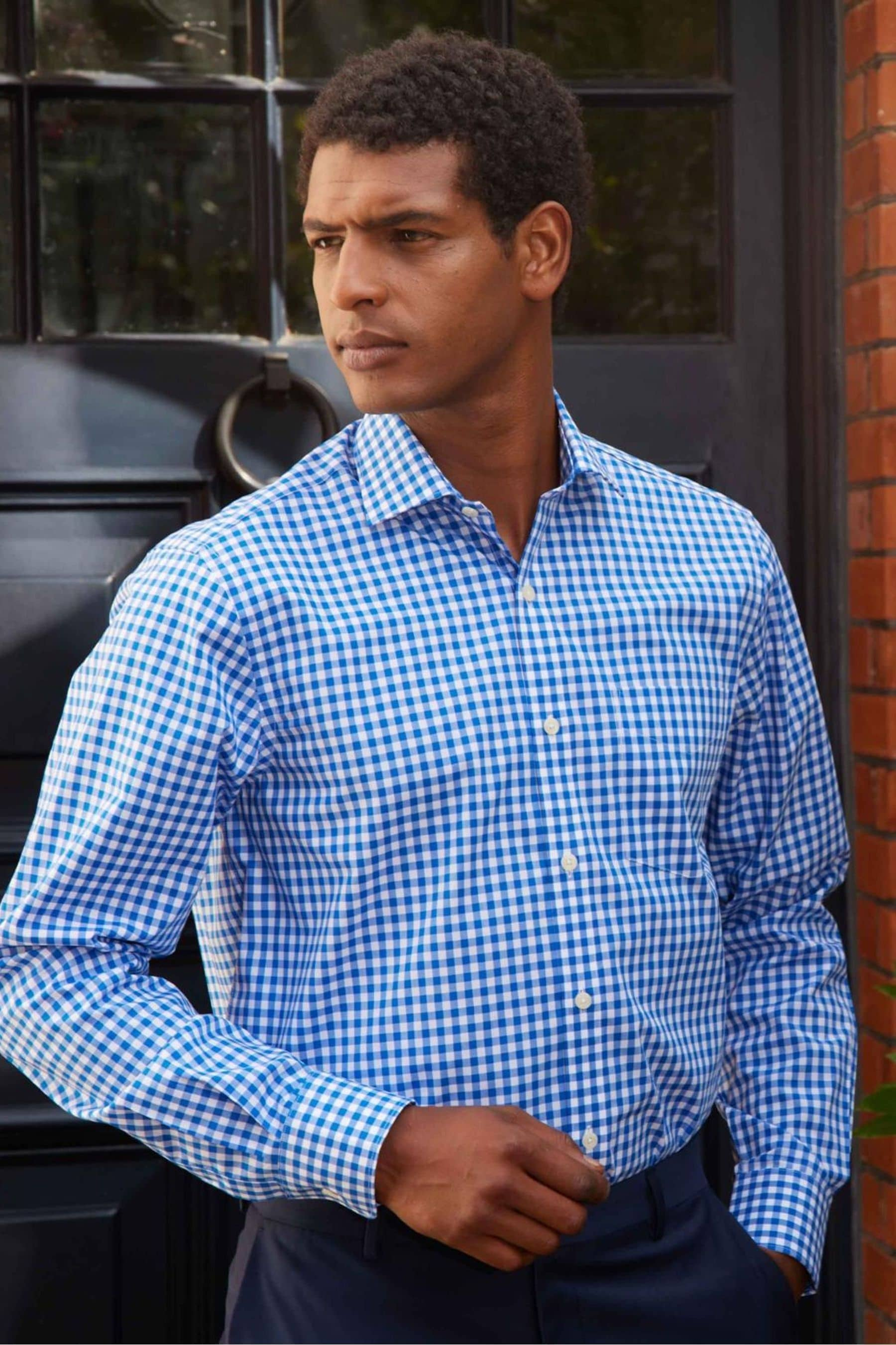 Buy Savile Row Company Blue 100% Cotton Gingham Check Single Cuff ...