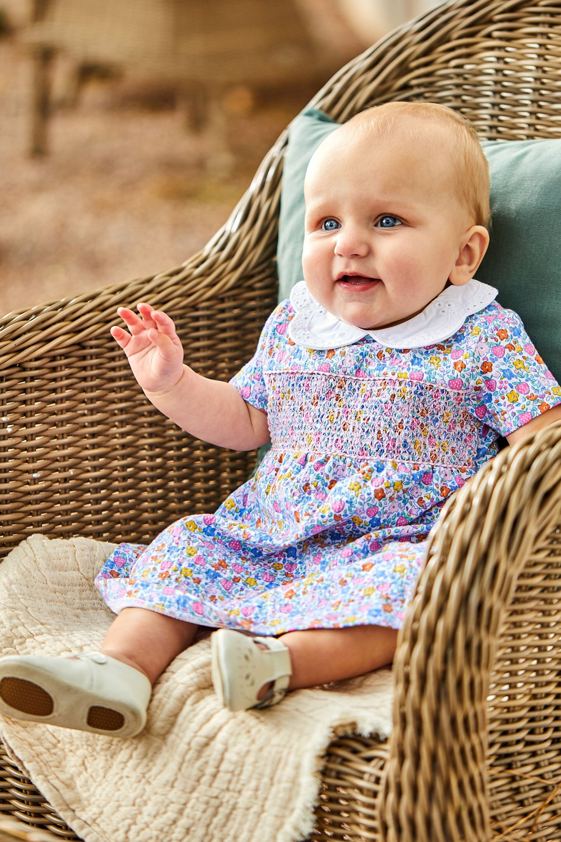 JoJo Maman Bébé Pink Strawberry Floral Broderie Collar Dress - Image 1 of 1