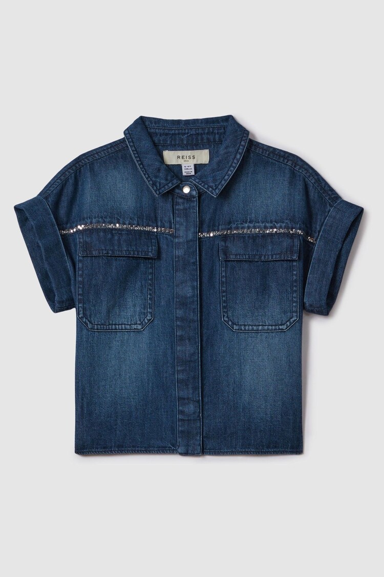 Reiss Blue Sandie 9-13 yrs Embellished Denim Shirt - Image 1 of 1