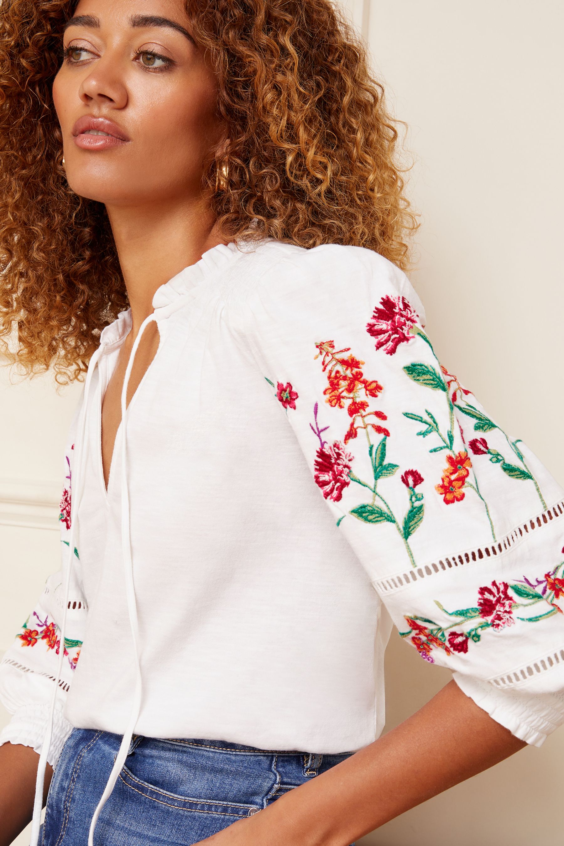 Buy Love & Roses Ivory White V Neck Embroidered Sleeve Jersey Top from