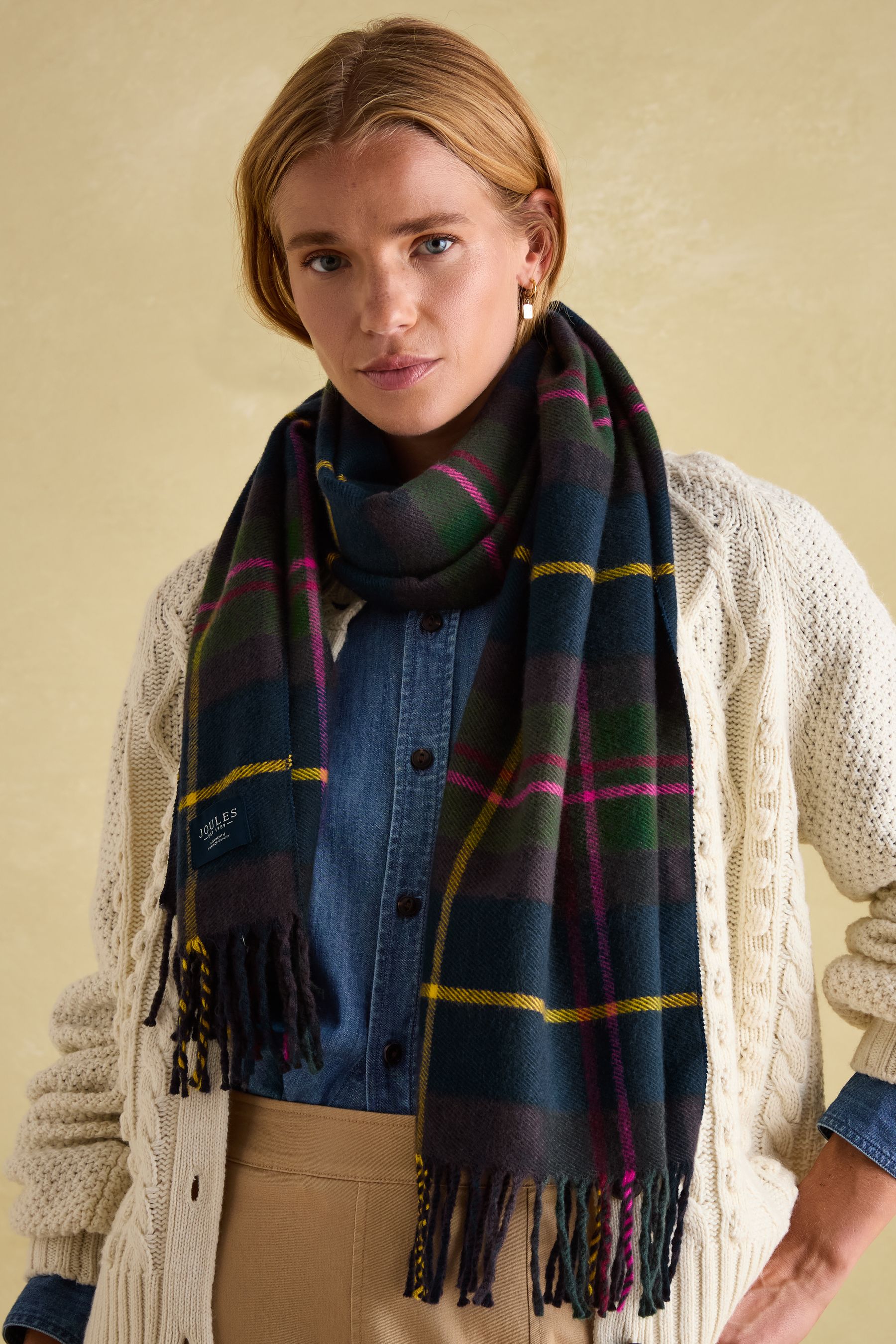 Joules Langtree Damen Schal - Karomuster 170x73 Cm Mit Quasten