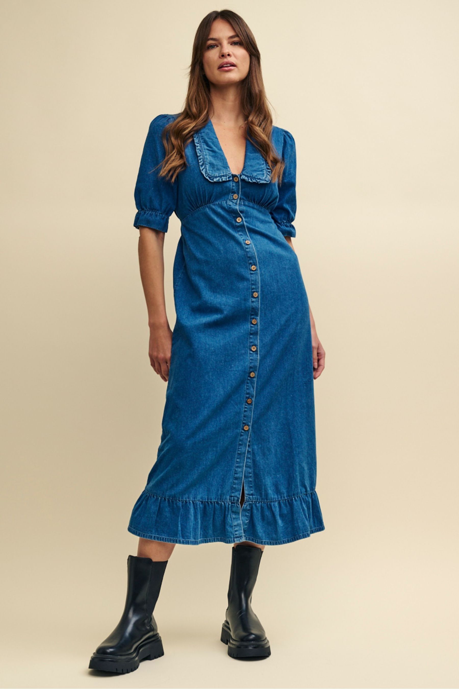 Buy Nobodys Child Blue Denim Annalise Collared Midaxi Dress V-Neck from ...