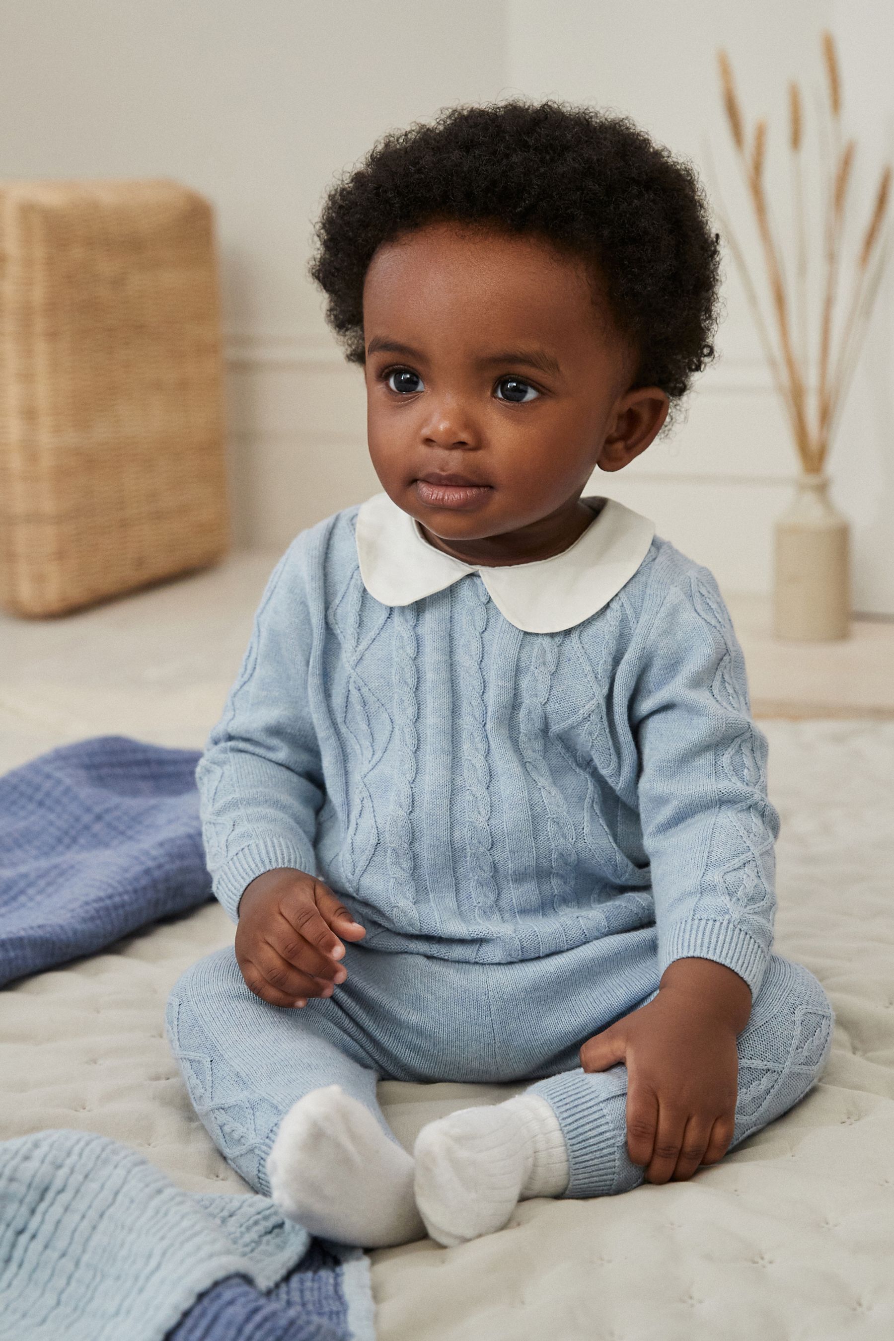 Buy Blue Baby Collar Knitted 100% Cotton Jumper And Leggings Set (0mths