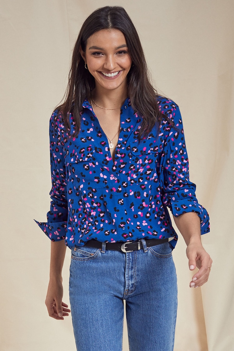 Love & Roses Blue Animal Patch Pocket Button Through Shirt - Image 1 of 1