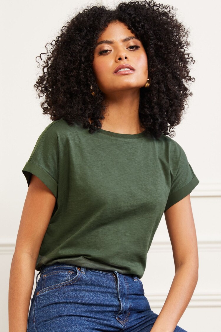 Love & Roses Khaki Roll Sleeve Round Neck T-Shirt - Image 1 of 1