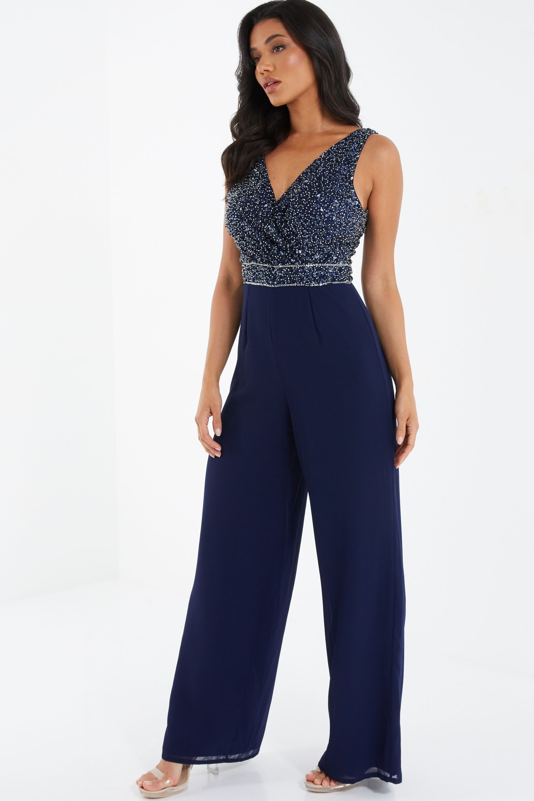 Buy Quiz Navy Blue Sequin Chiffon Wrap Palazzo Jumpsuit from the Next ...