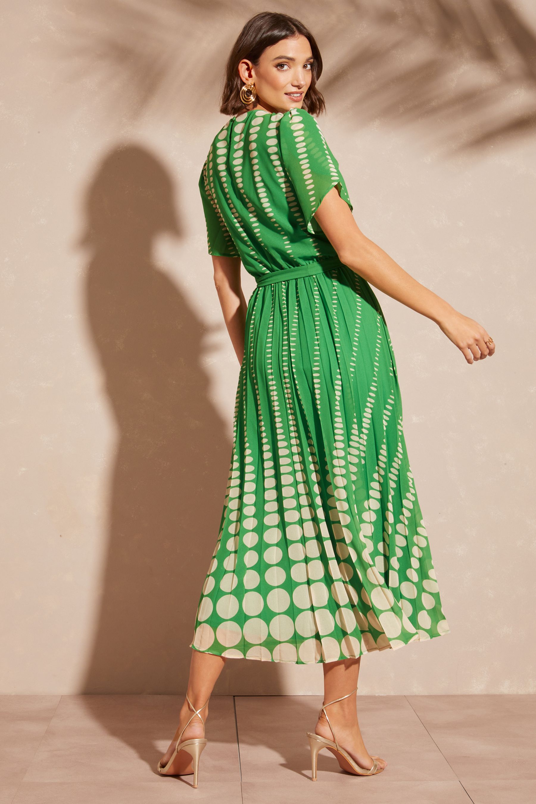 Buy Love & Roses Green Spot Printed Tulip Sleeve Belted Pleated Midi