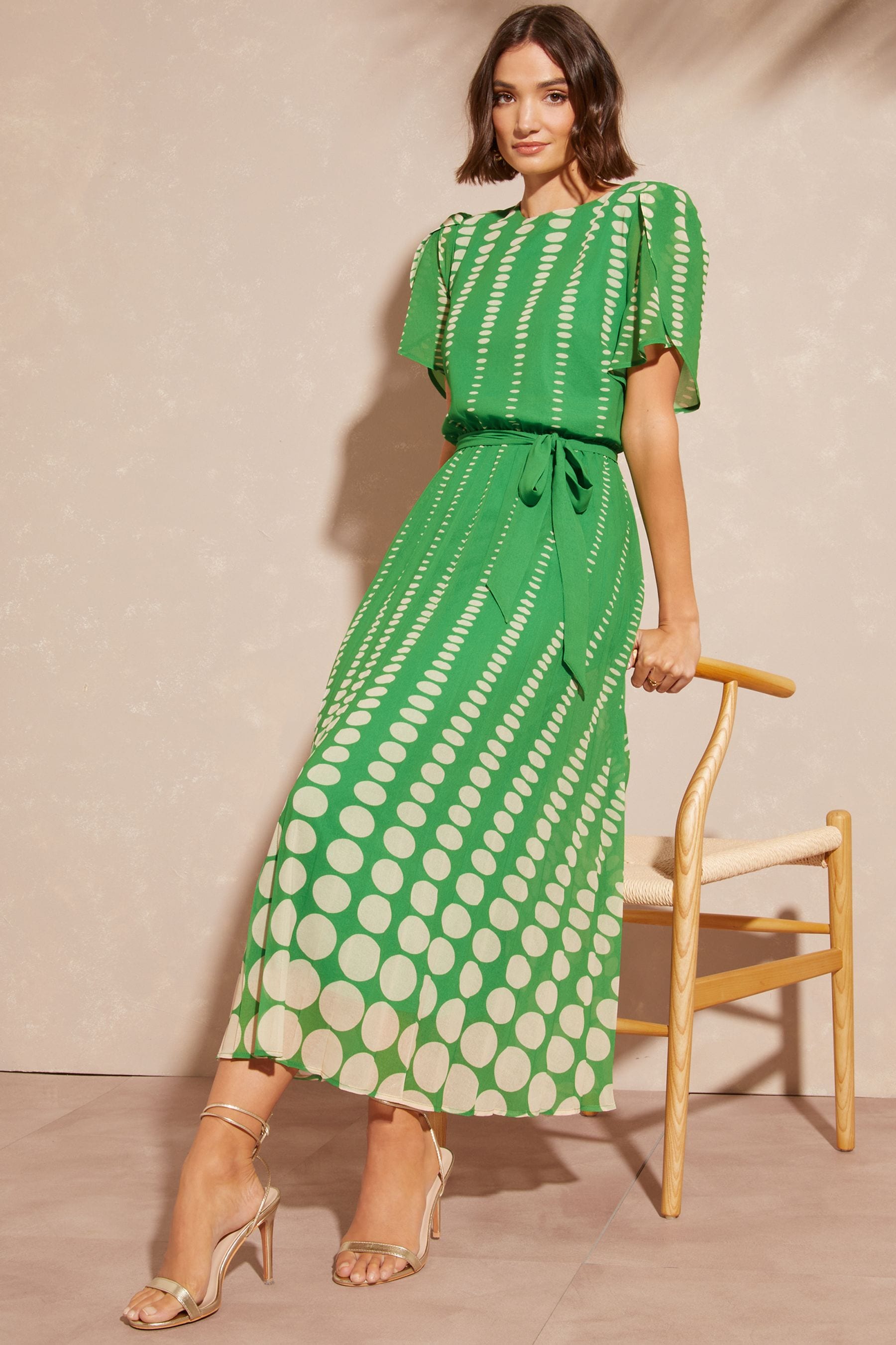 Buy Love & Roses Green Spot Printed Tulip Sleeve Belted Pleated Midi