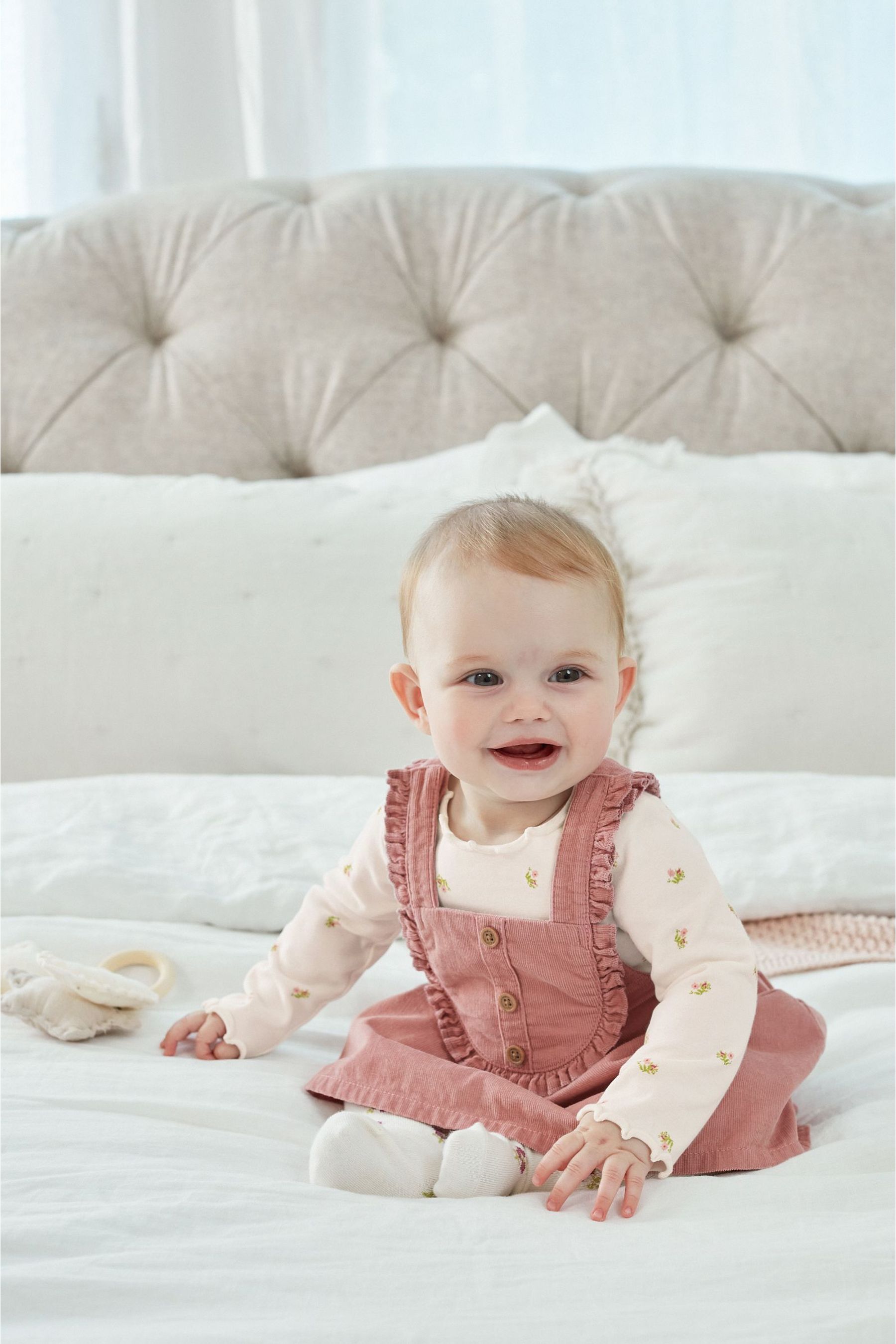Buy Pink Floral Baby 3 Piece Cord Pinafore Dress, Bodysuit And Tights