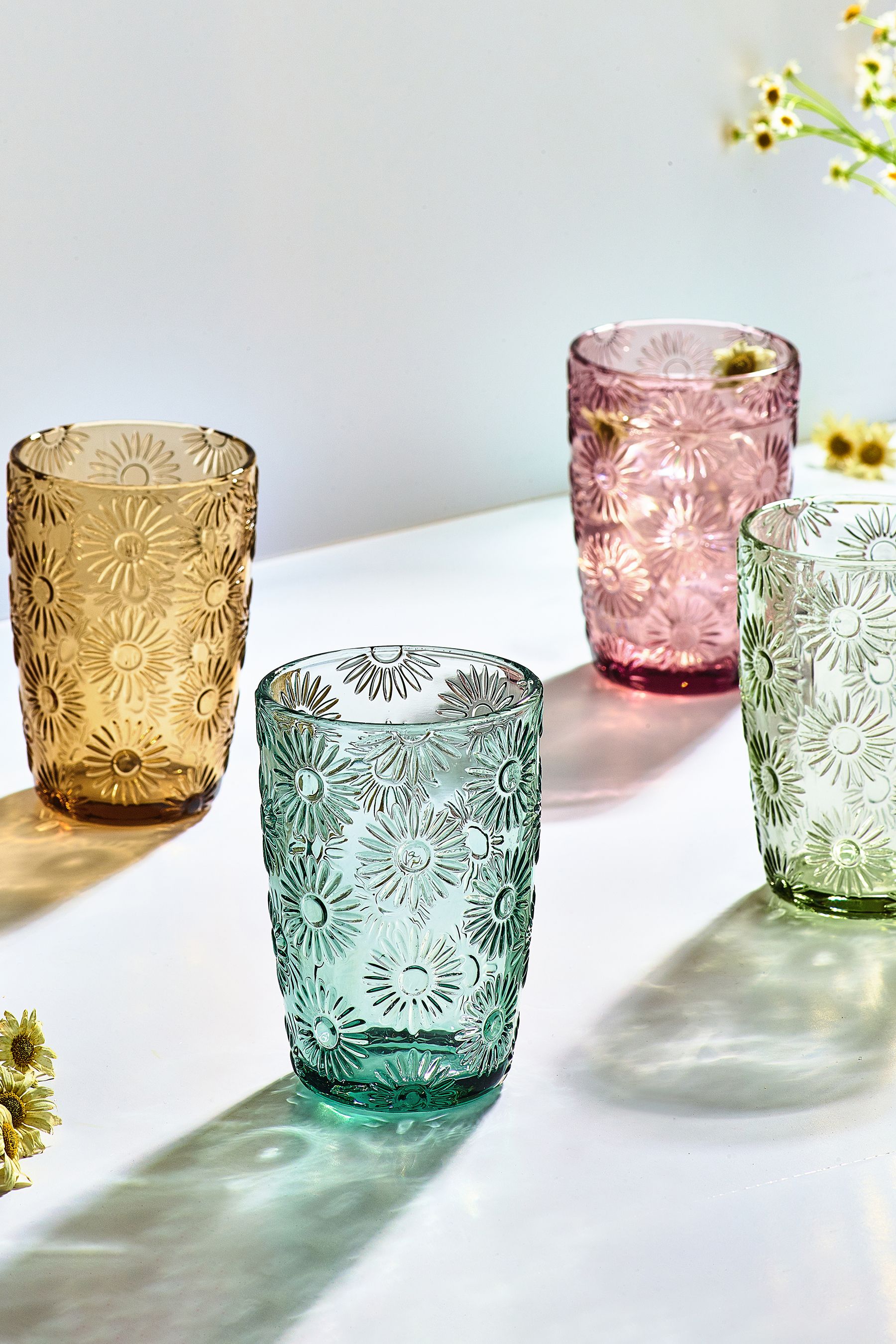 Buy Multi Set of 4 Lisse Floral Pressed Tumbler Glasses from the Next ...