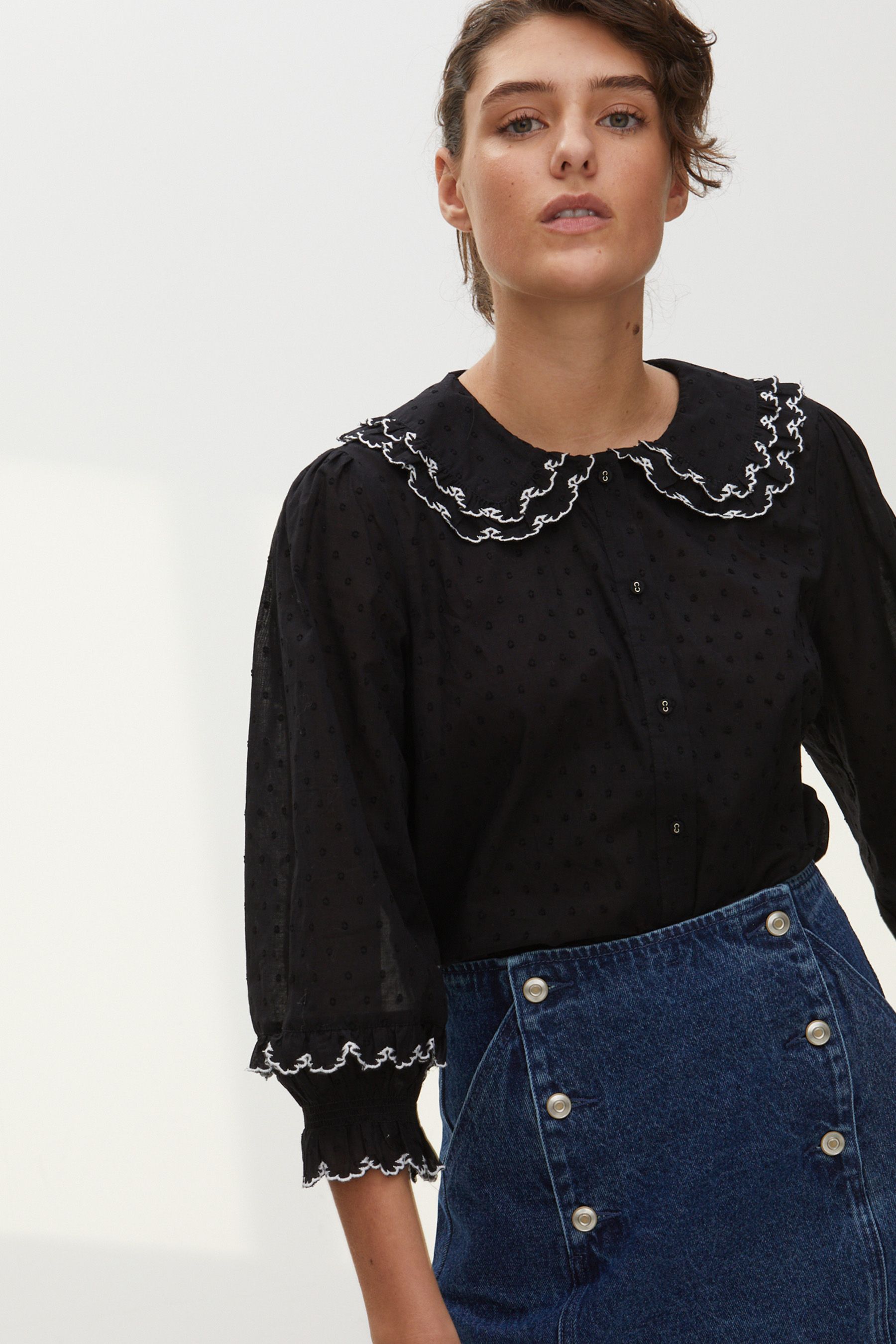 Buy Oliver Bonas Black Dobby Spot And Frilled Neckline Blouse from Next ...