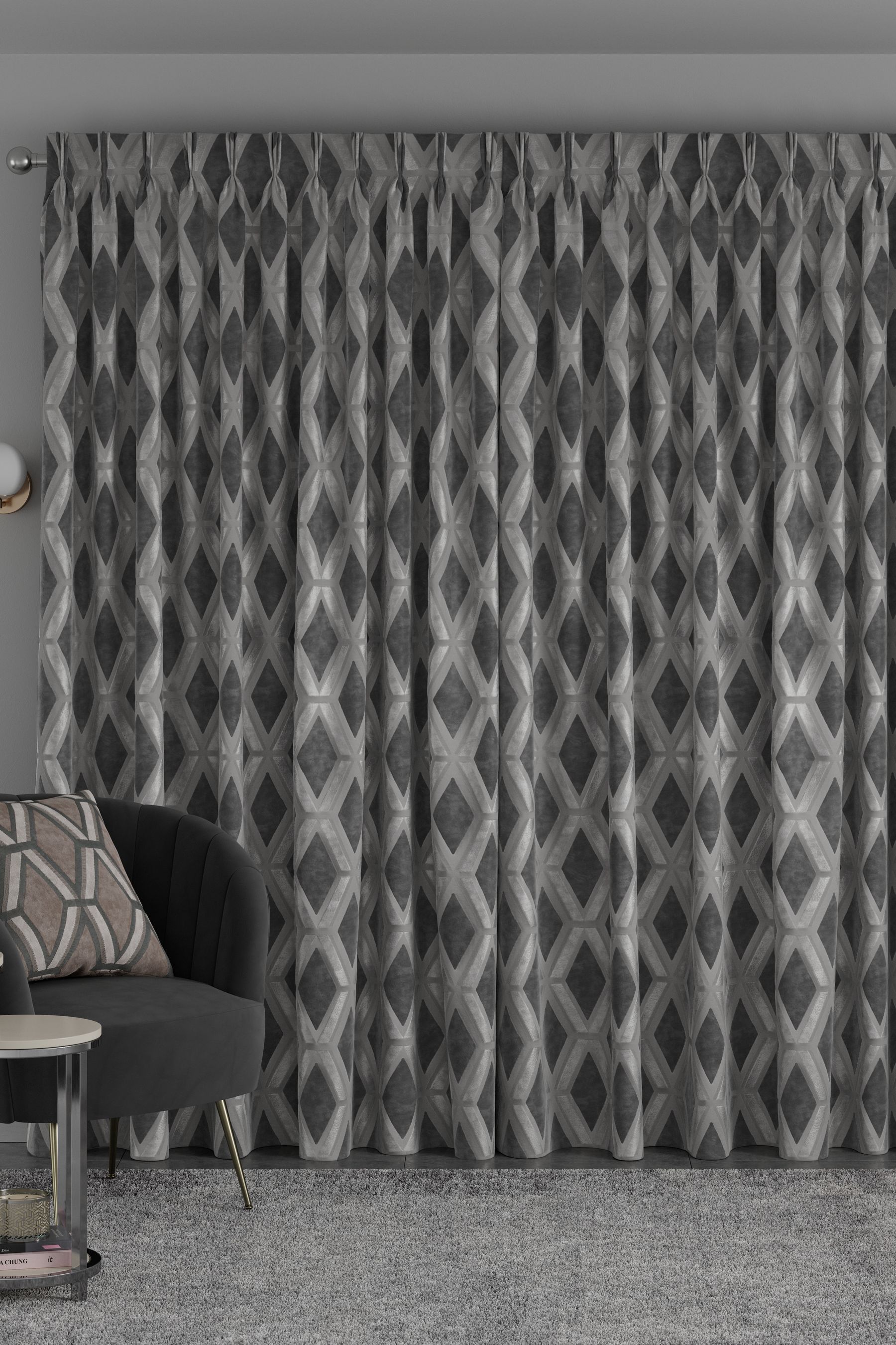 Charcoal Grey Geometric Pattern Wide Curtain Panel