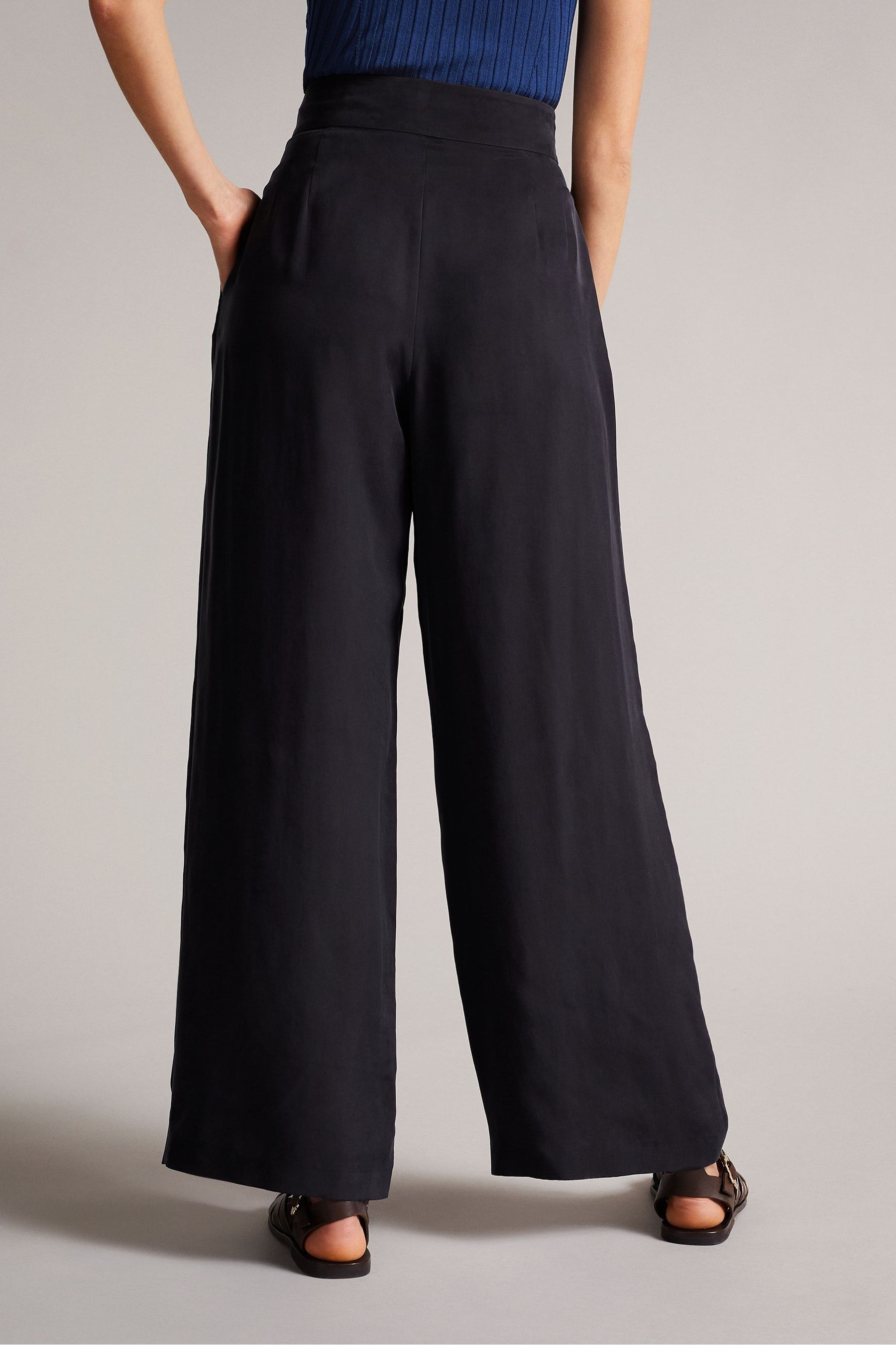 Buy Ted Baker Navy Blue Ronia Pleated Wide Flood Length Trousers from ...