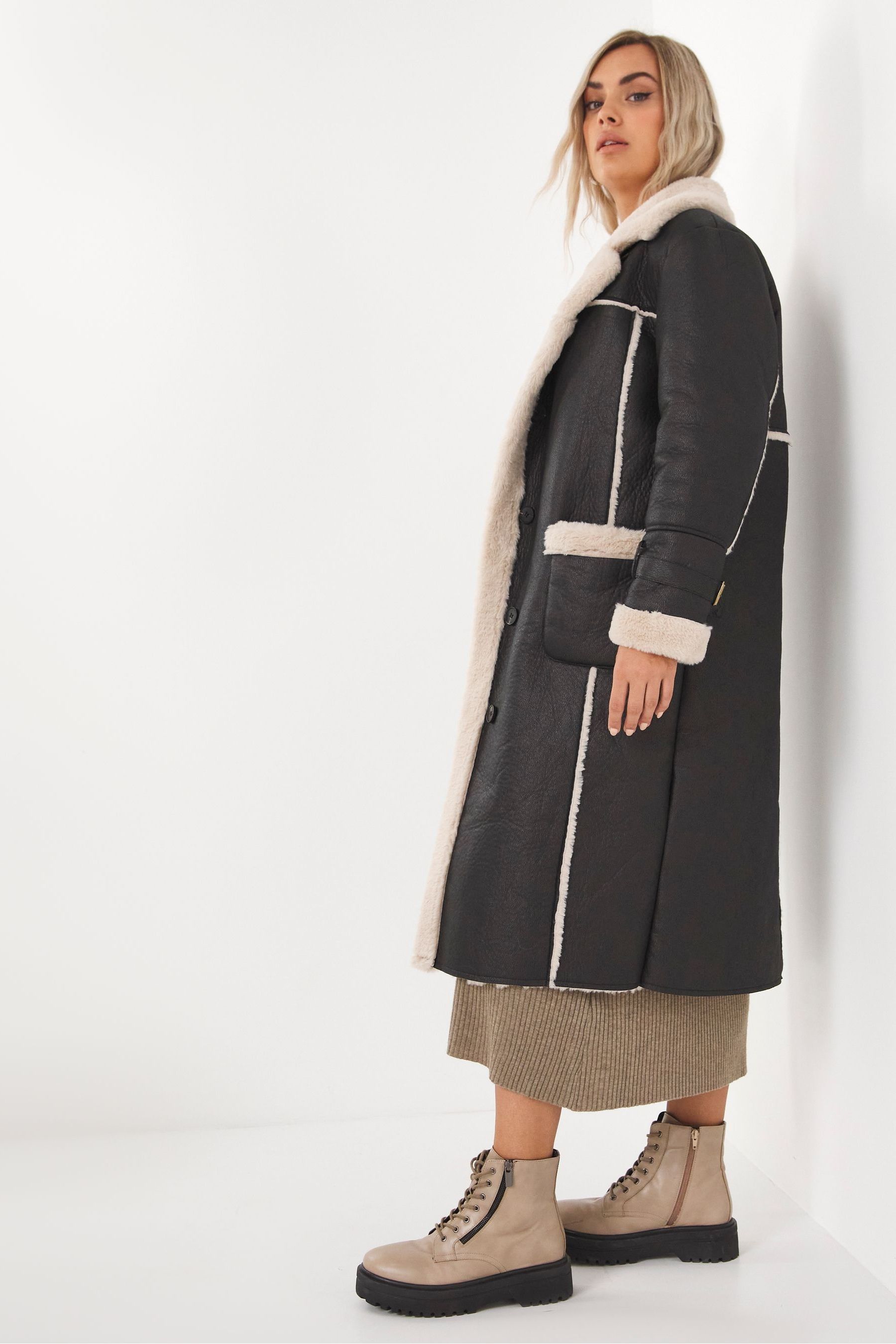 Buy Simply Be Black Longline Shearling Aviator Style Coat from the Next