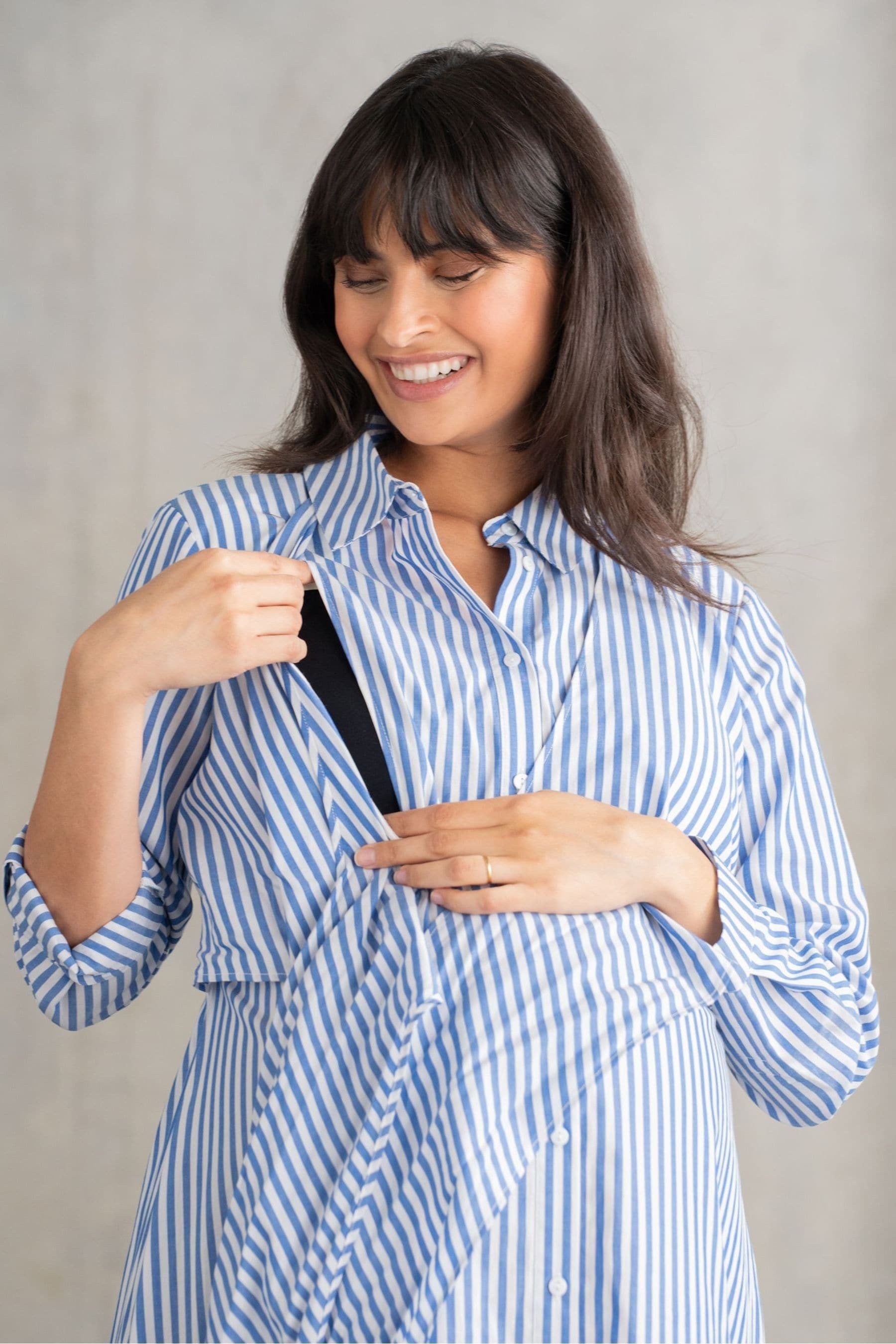 Buy Seraphine Blue Stripe Cotton And Lyocell Maternity And Nursing Shirt Dress from Next Ireland