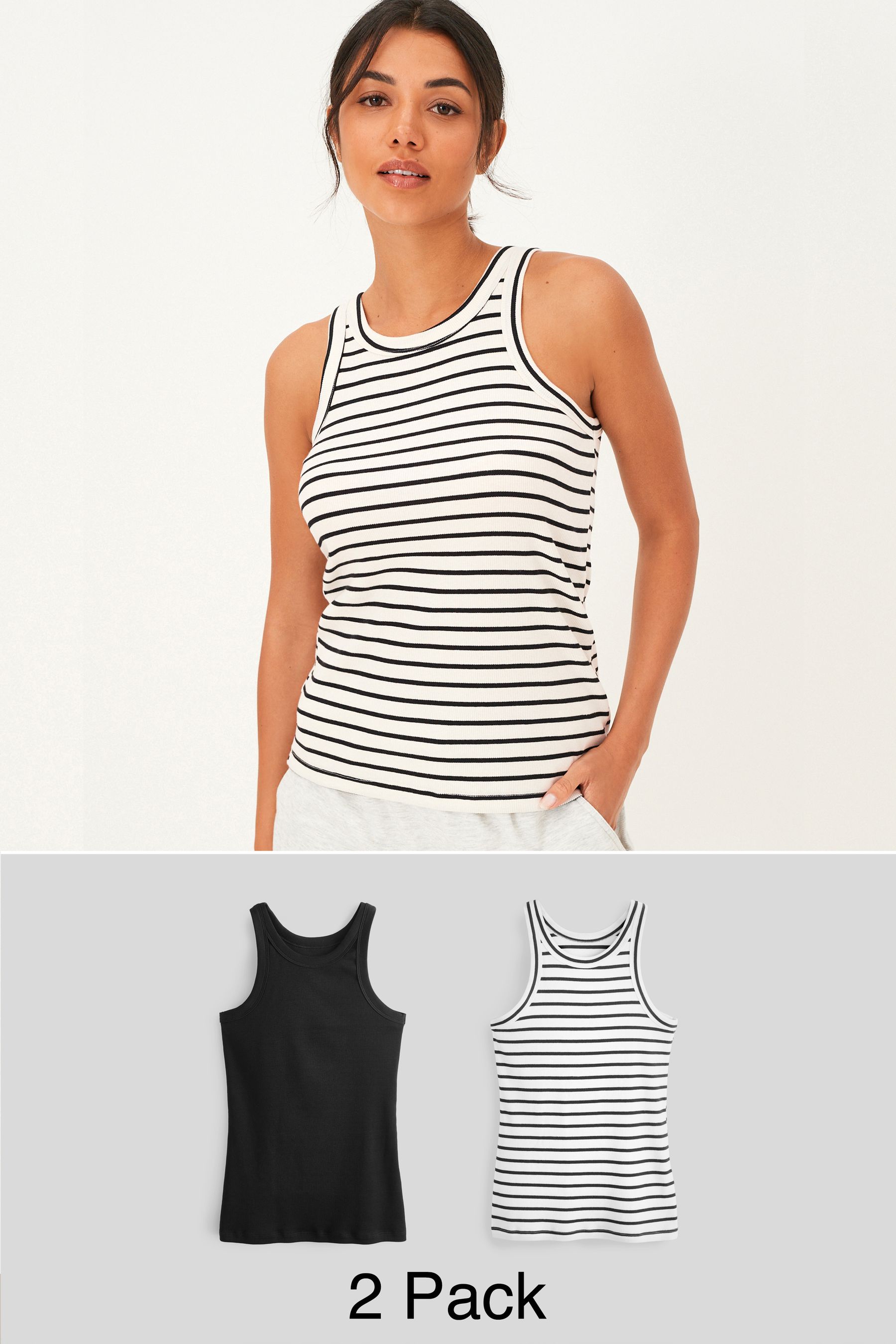 Buy Black/White High Neck Ribbed Racer Vest Tops 2 Pack from the Next