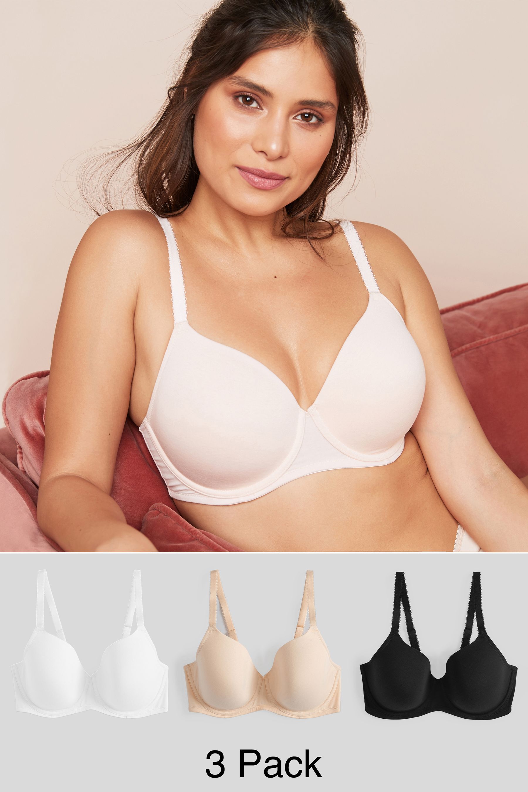 Buy Black/White/Nude Pad Full Cup DD+ Cotton Blend Bras 3 Pack from the