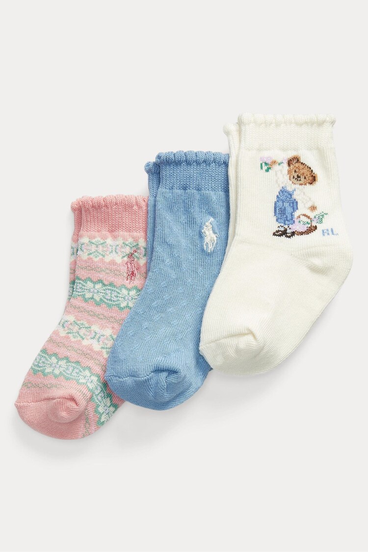 Polo Ralph Lauren Baby Ivory and Pink Bear Cotton Logo Socks 3 Pack - Image 1 of 1