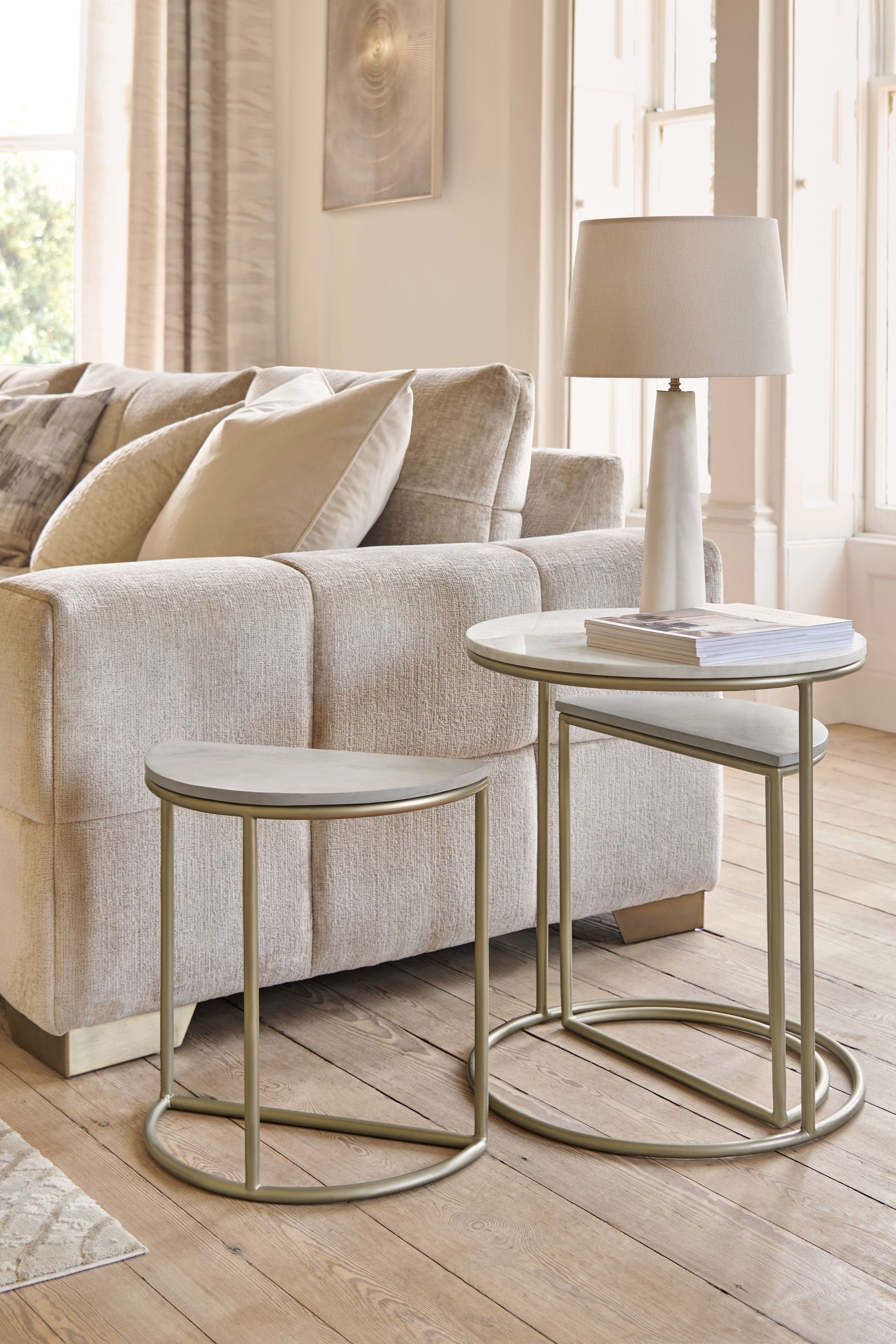 Buy Light Grey Marble Mango Wood Round Set of 3 Nest of Tables from the