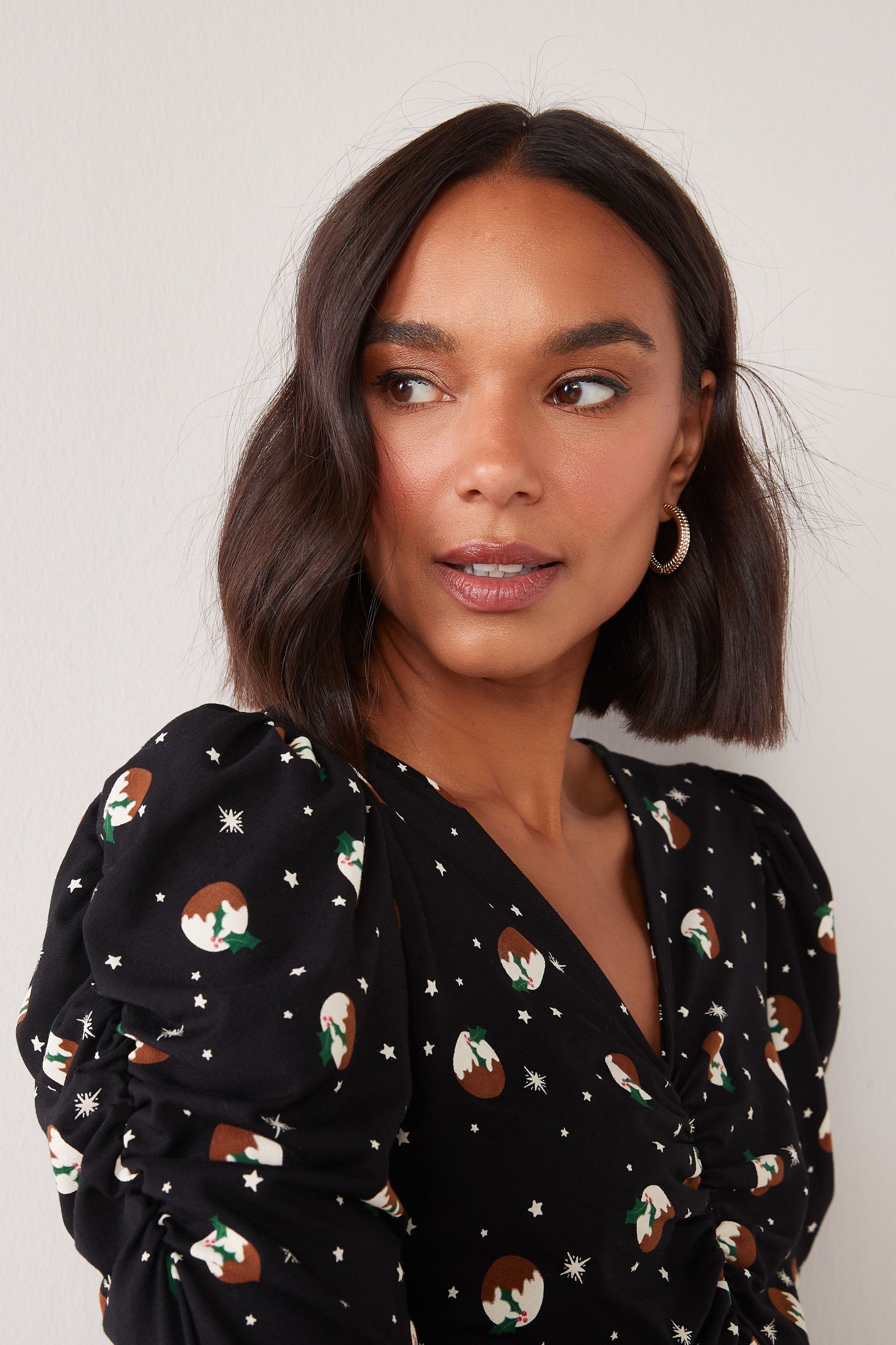 Buy Black Christmas Pudding Next Long Sleeve Ruched Mini Dress from