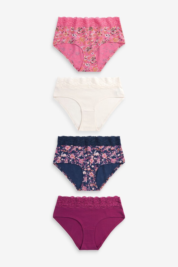 Navy Blue/Pink Folk Print Short Lace Trim Cotton Blend Knickers 4 Pack - Image 1 of 1