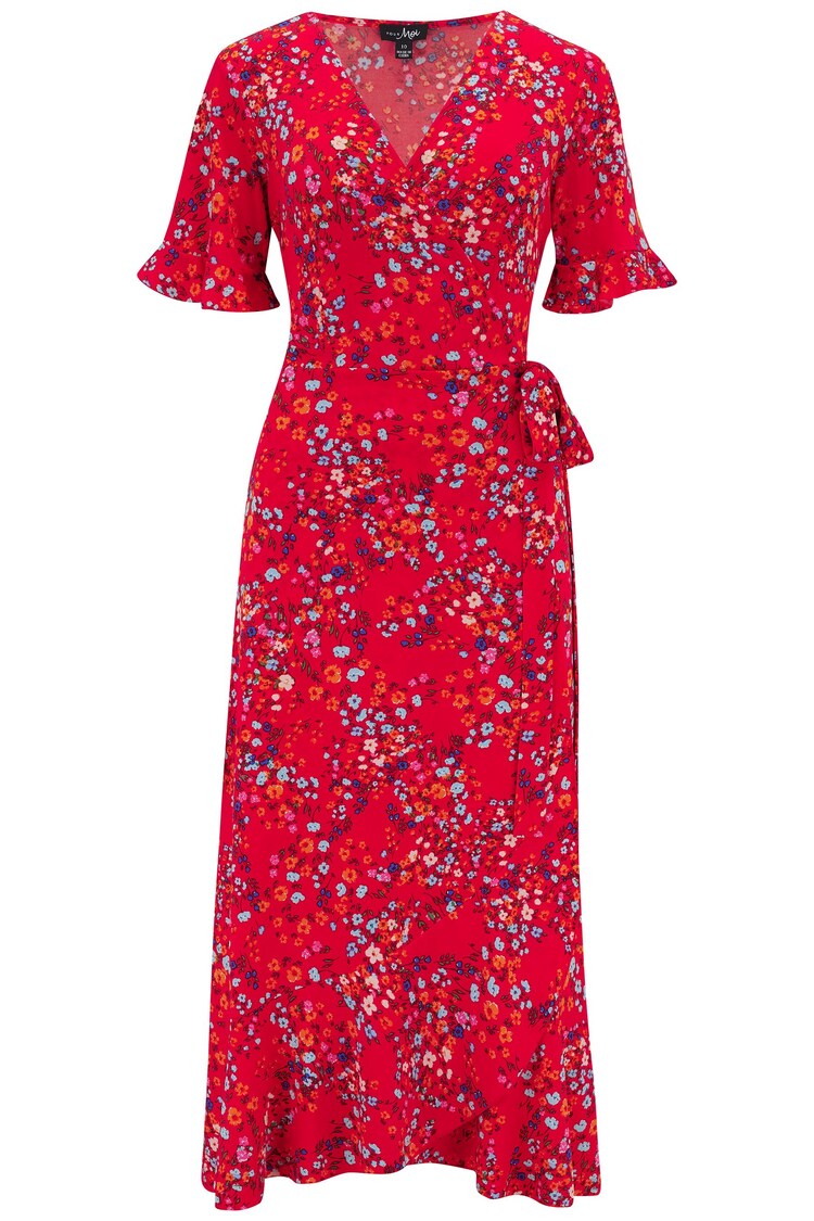 Pour Moi Red Multi Print Megan Stretch Jersey Wrap Midi Dress - Image 1 of 1