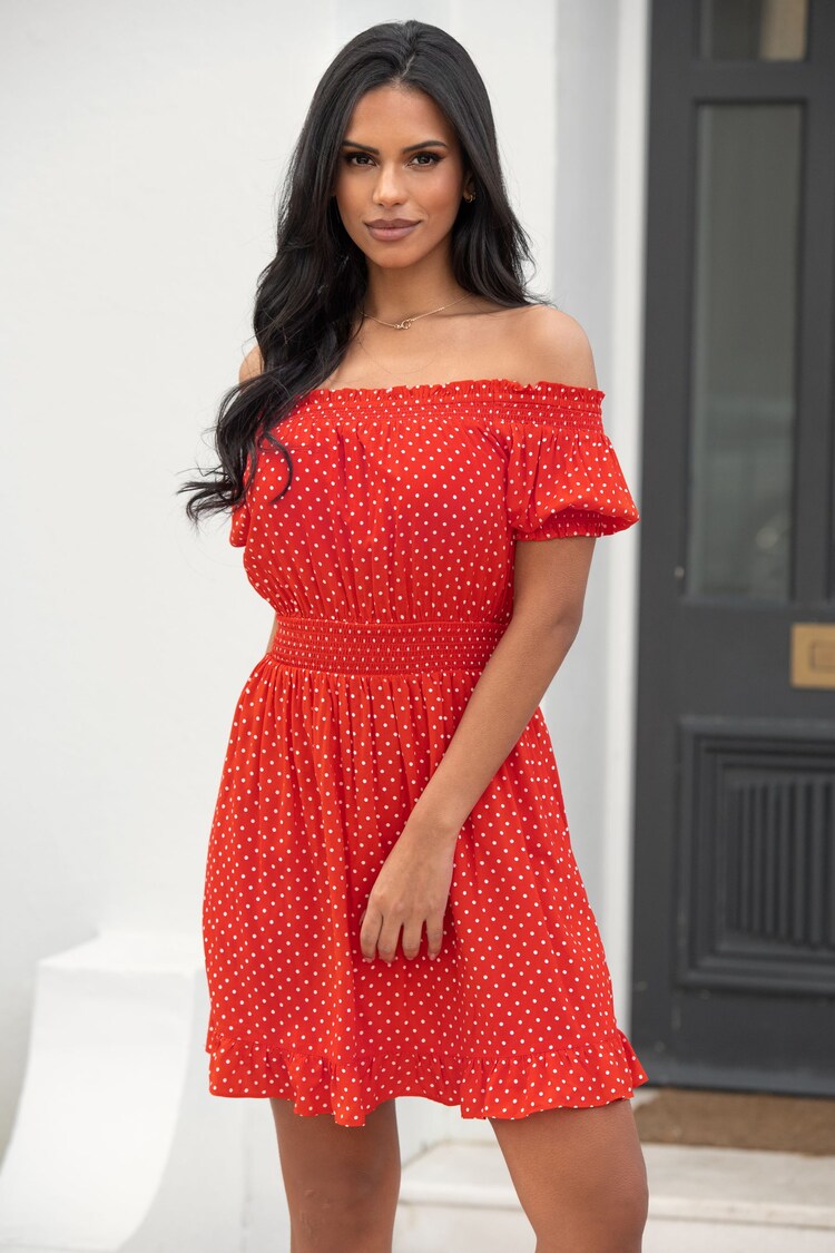 Pour Moi Red Eloise Puff Sleeve Woven Bardot Dress - Image 1 of 1