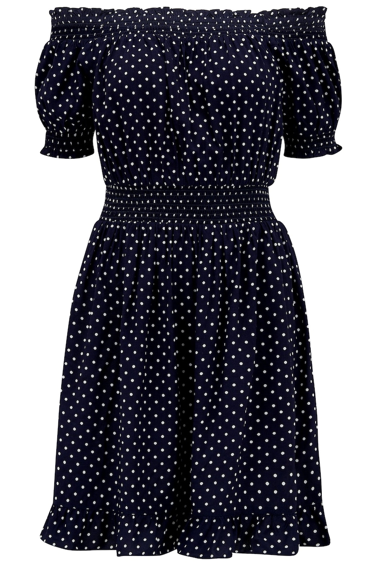 Pour Moi Blue Eloise Puff Sleeve Woven Bardot Dress - Image 1 of 1 Pour Moi Blue Eloise Puff Sleeve Woven Bardot Dress - Image 1 of 1
