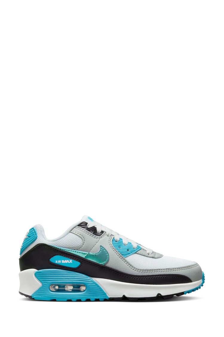 Nike White/Aqua Blue Air Max 90 Youth Trainers - Image 1 of 1
