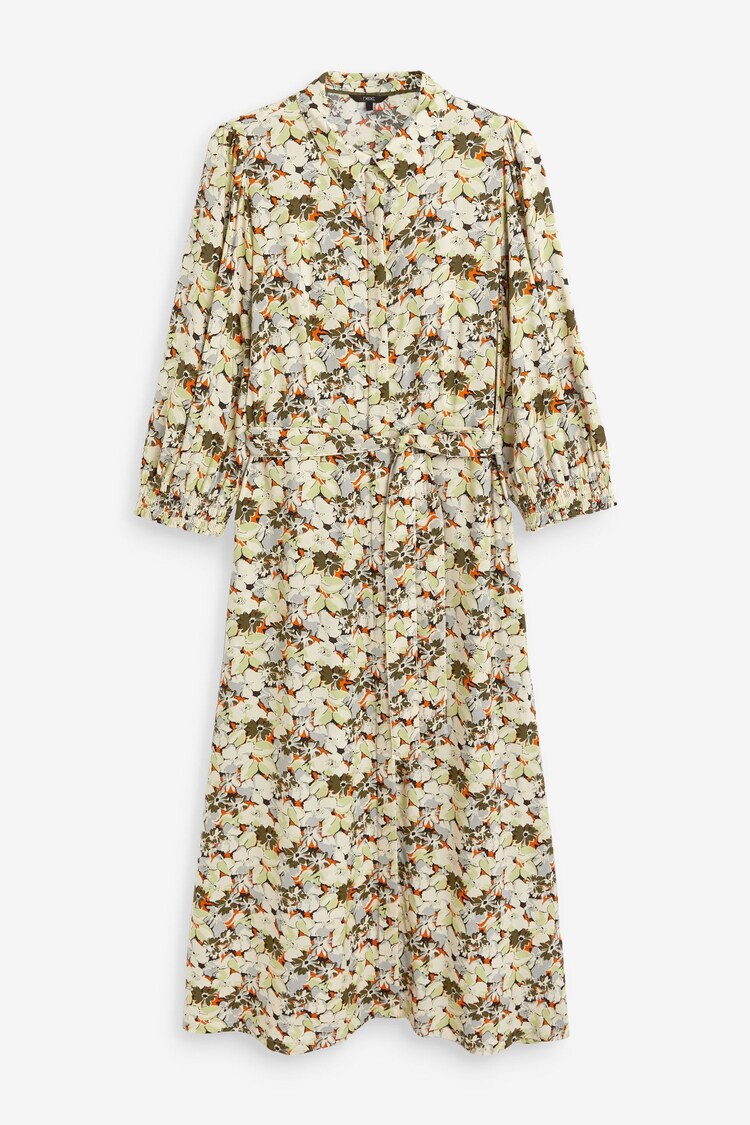 Neutral Floral Print Belted Long Sleeve Button Through Shirt Dress - Image 1 of 1