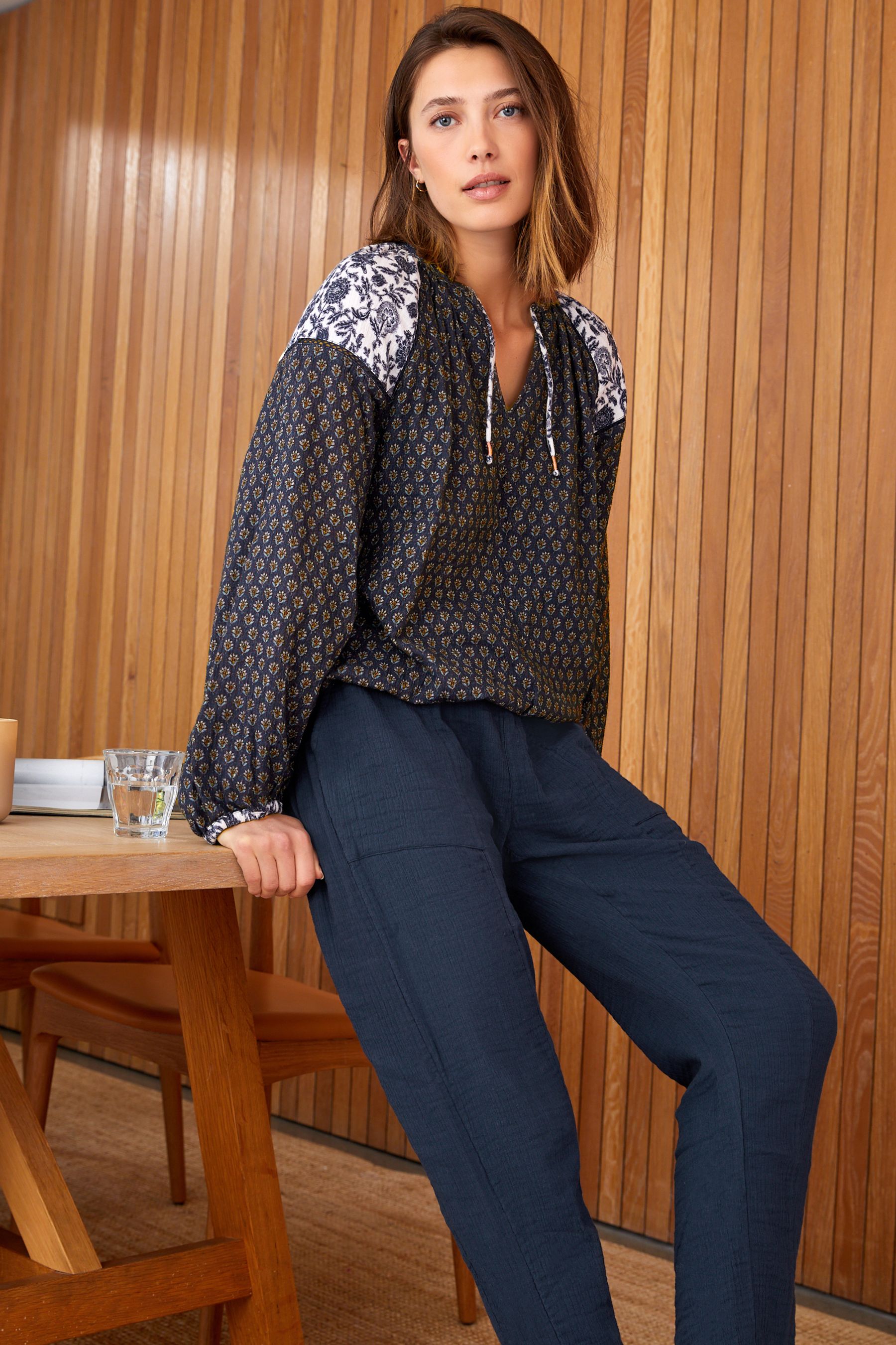 Buy Navy Blue Geometric Cotton Crinkle Bubble Hem Long Sleeve Top from