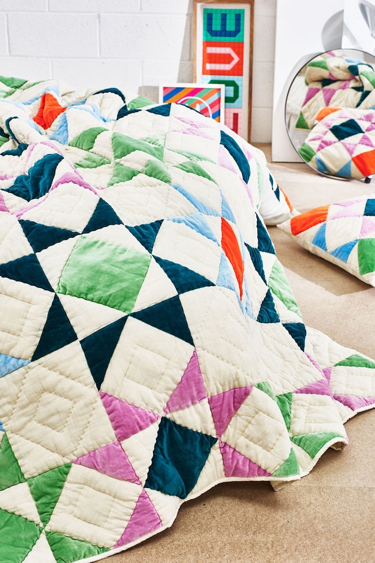 Oliver Bonas Orange Bright Velvet Patchwork Bedspread - Image 1 of 1 Oliver Bonas Orange Bright Velvet Patchwork Bedspread - Image 1 of 1
