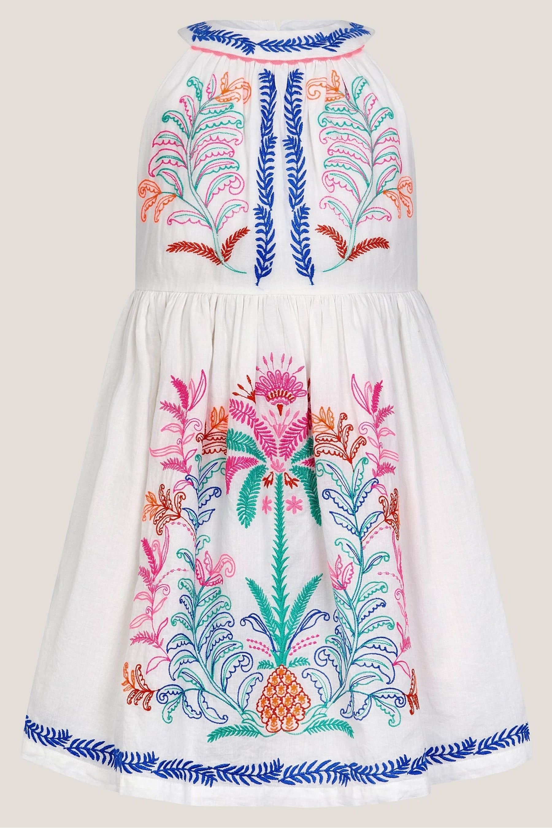 Monsoon White Palm Tree Embroidered Sleeveless 100% Cotton Dress