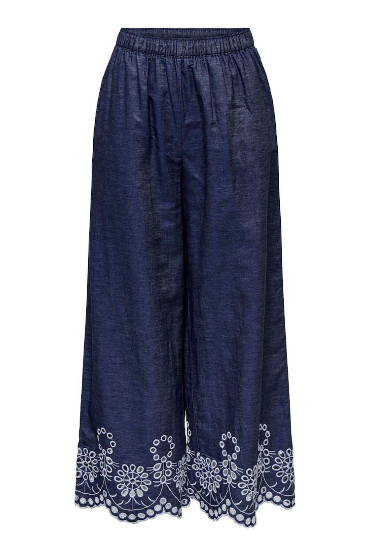 JDY Blue 100% Cotton Embroidery Detail High Waisted Trousers - Image 1 of 1