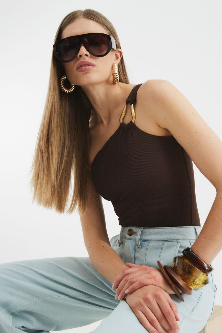 River Island Brown One Shoulder Trim Bodysuit - Image 1 of 1