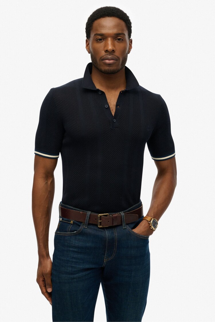 Superdry Black 100% Cotton Knitted Texture Short Sleeve Polo Shirt - Image 1 of 1