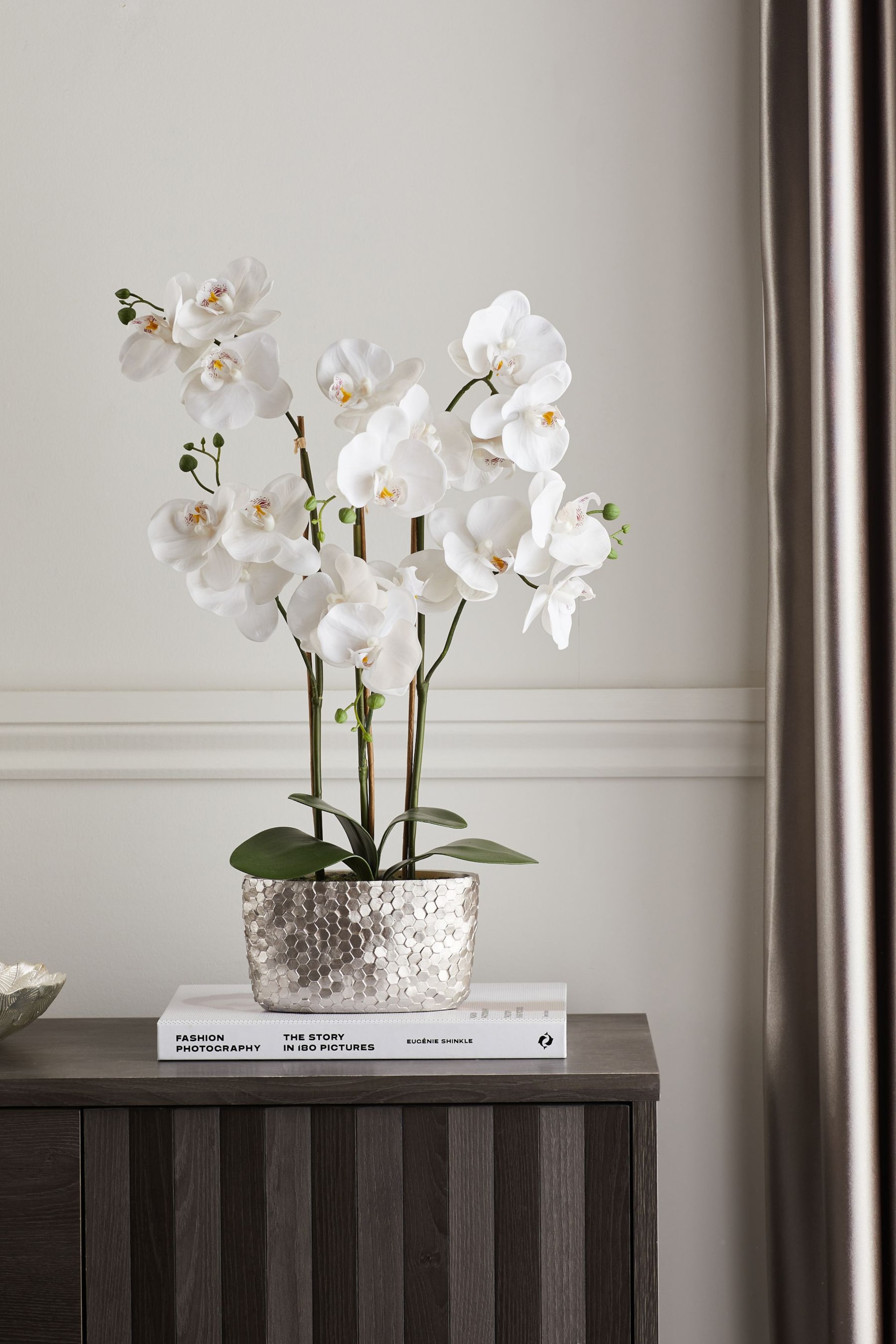 White Artificial Real Touch Orchid In Hex Embossed Pot - Image 1 of 4