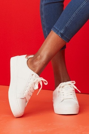 white leather lace up trainers