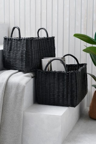 black plastic storage baskets