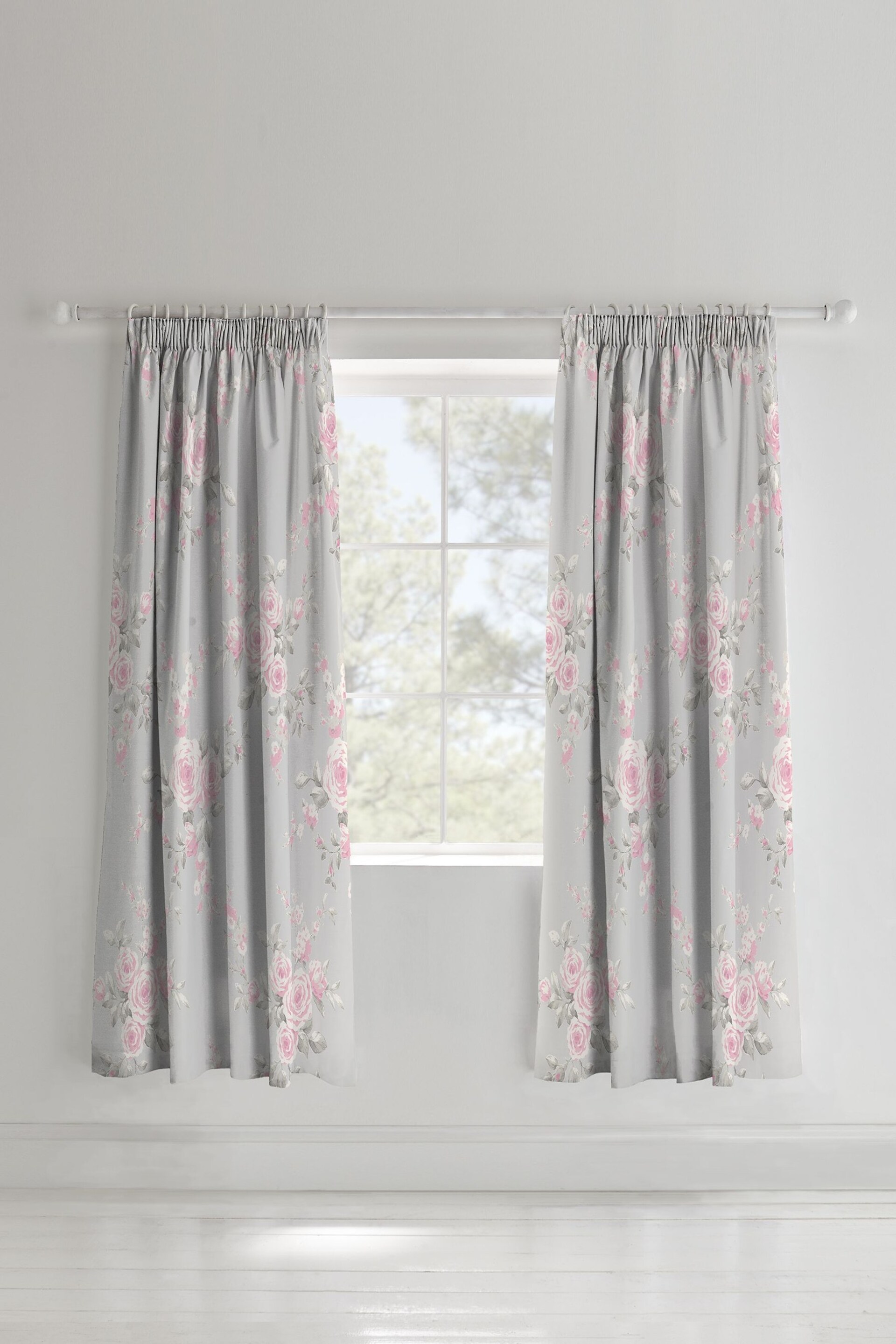 Catherine Lansfield Grey Canterbury Floral Pencil Pleat Curtains - Image 1 of 2