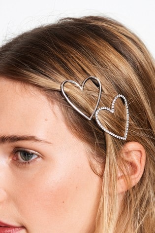 Set of 2 silver hair clips in the shape of a heart