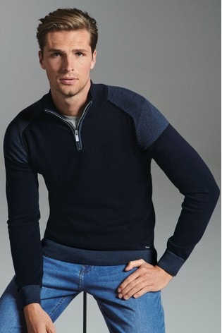 Navy Block Panel Zip Neck Jumper