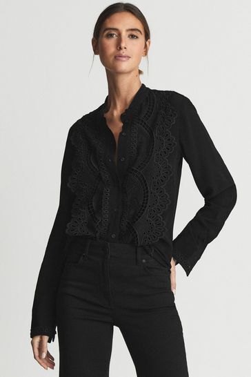 Reiss Black Karina Embroidered Front Blouse