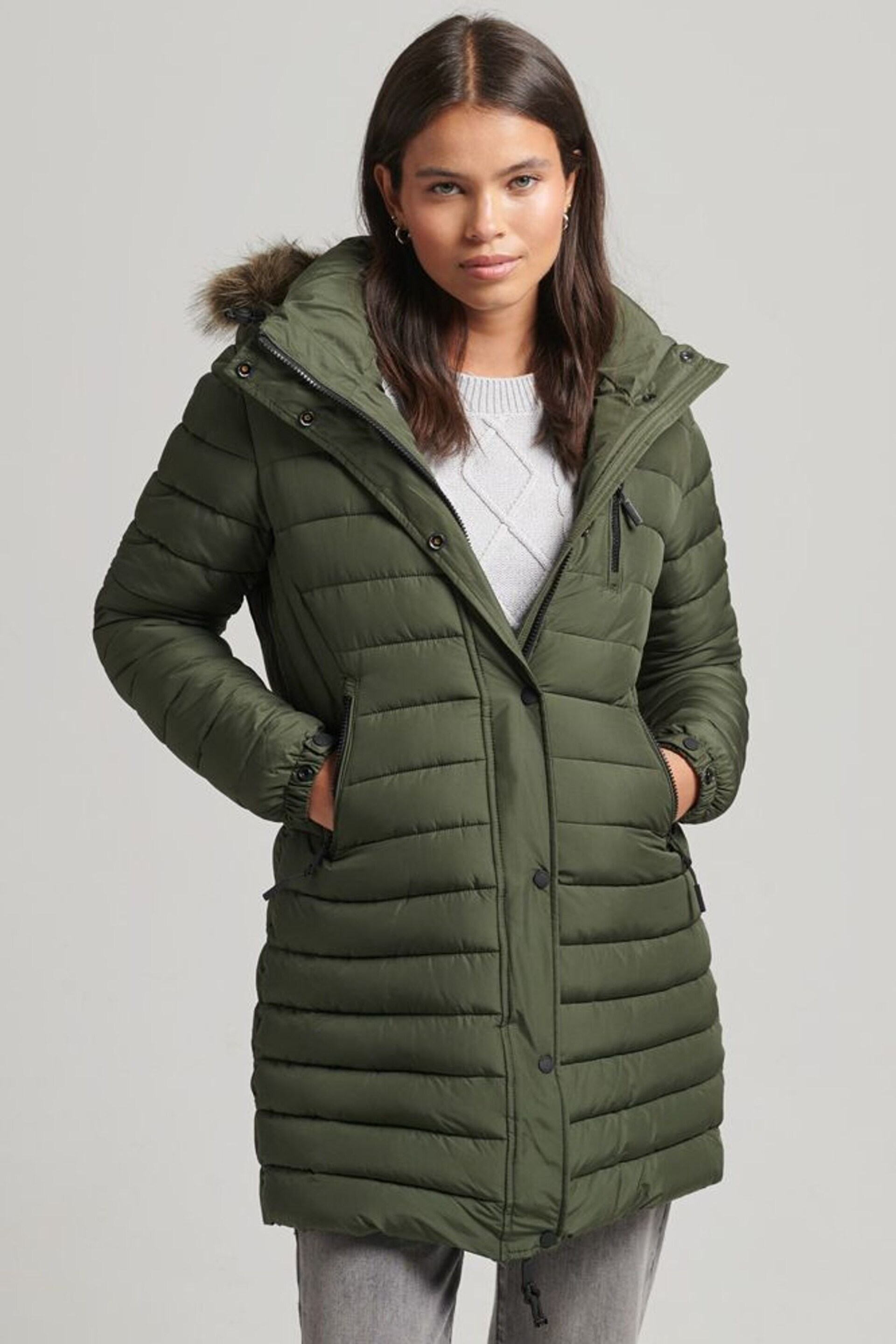 Superdry Green Faux Fur Hooded Mid Length Puffer Jacket - Image 1 of 7