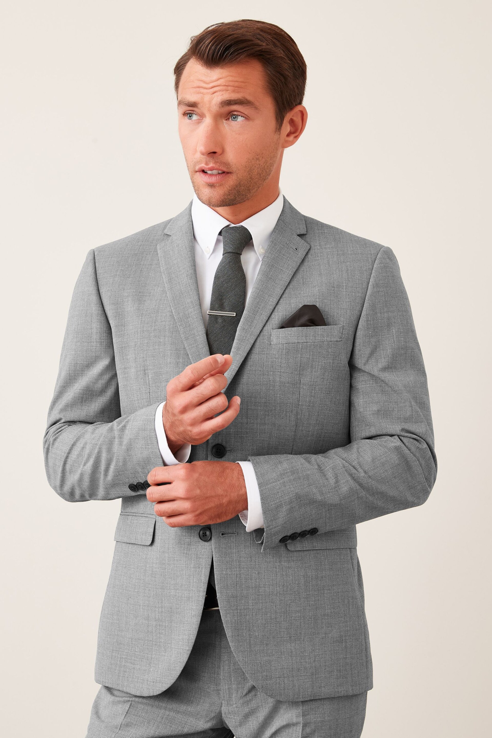 Light Grey Tailored Wool Mix Textured Suit Jacket - Image 1 of 9