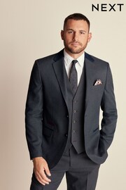 Navy Blue Trimmed Textured Suit Jacket - Image 1 of 12