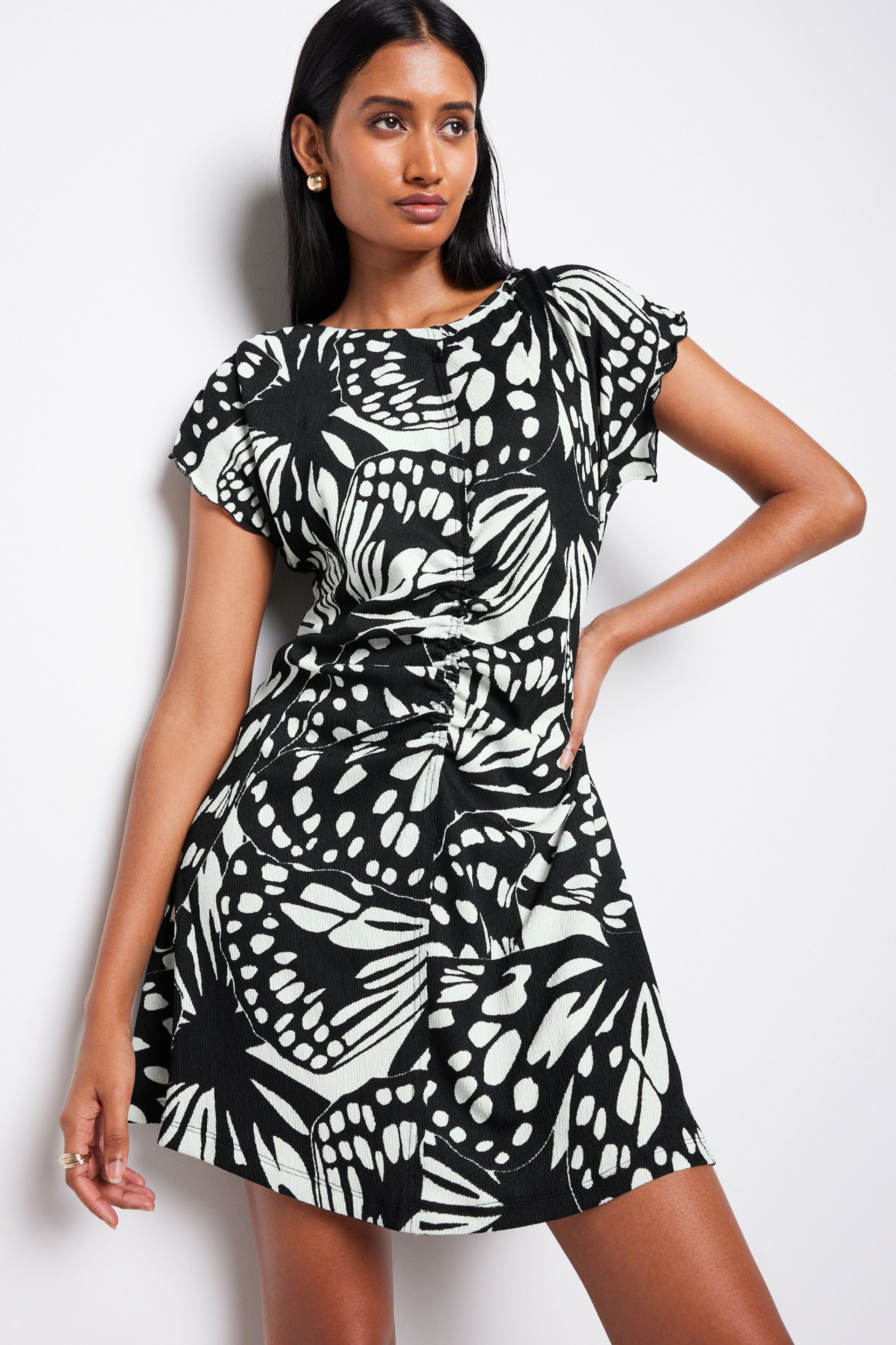Mono Abstract Butterfly Textured Ruched Front Mini Dress - Image 1 of 4