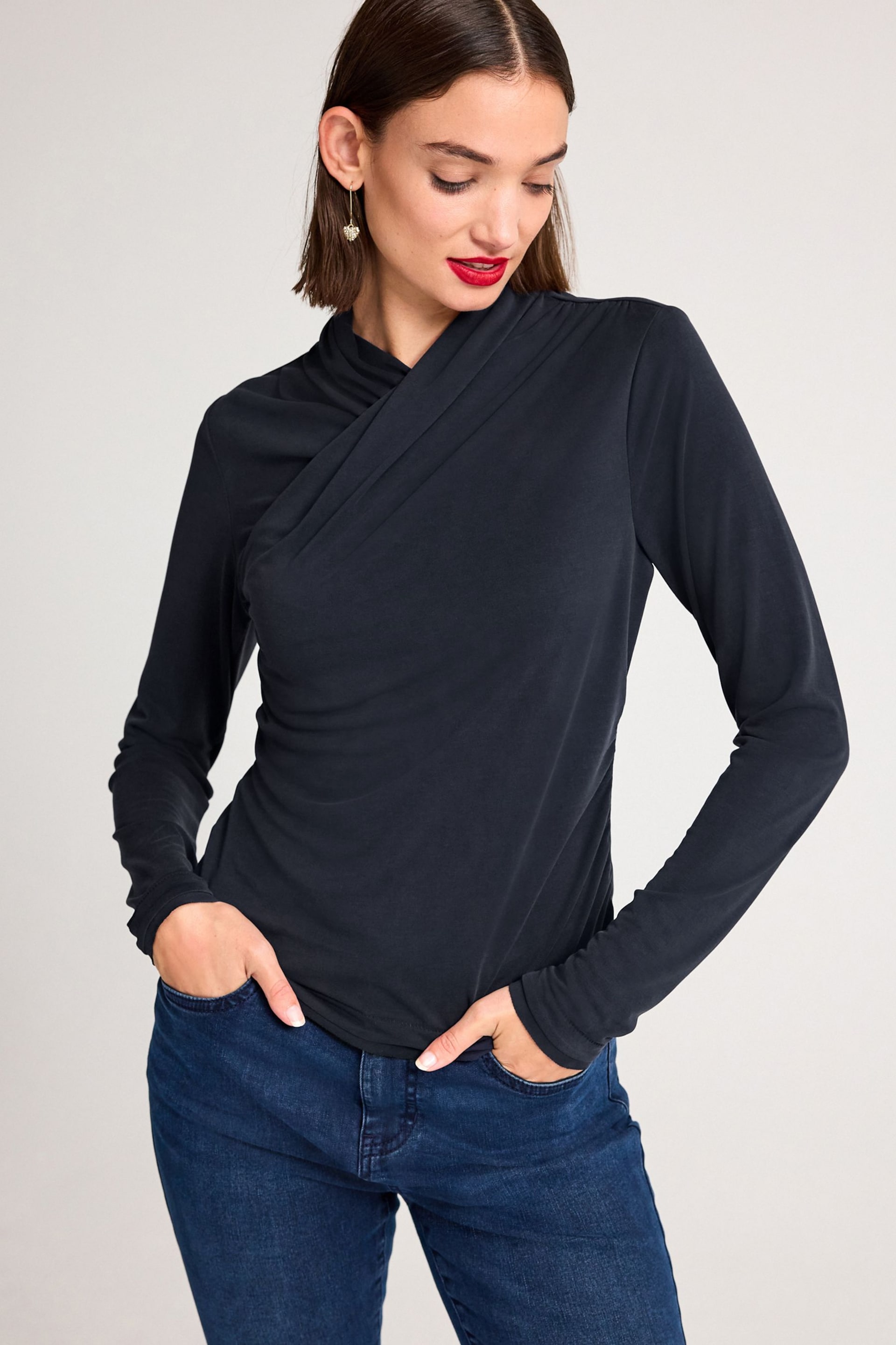 Navy Blue Wrap Neck Modal Rich Long Sleeve Top - Image 1 of 6