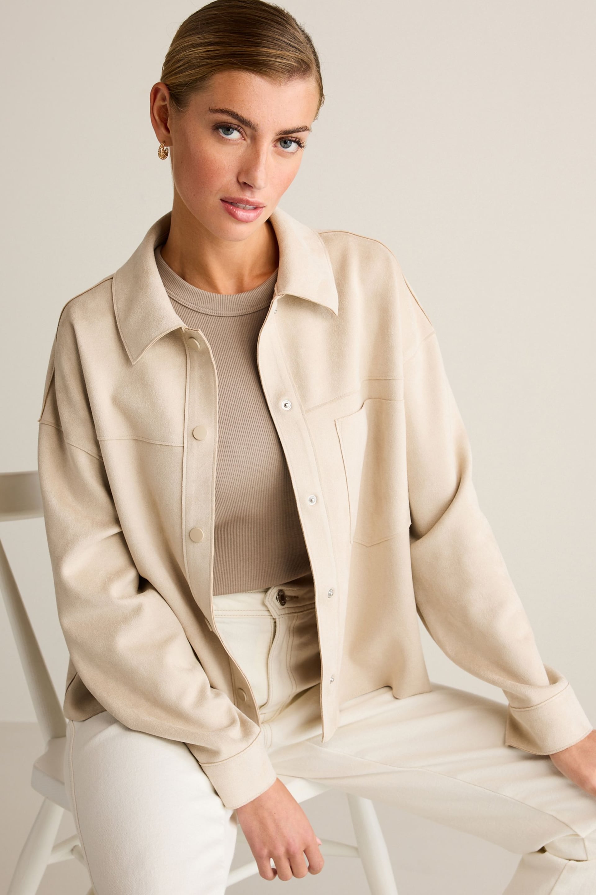 Cream Long Sleeve Suedette Shacket - Image 1 of 6