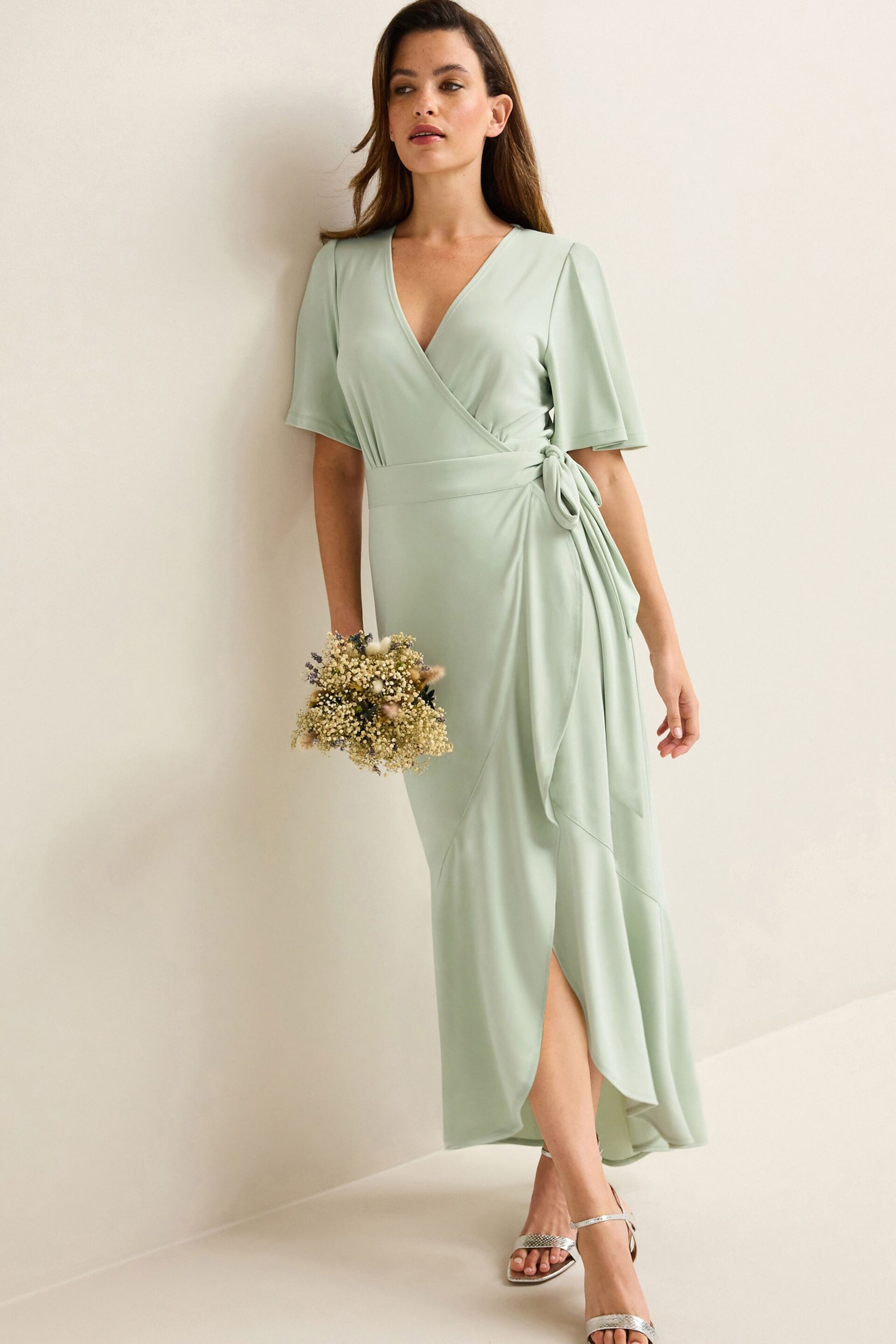Sage Green Wrap Front Bridesmaid Maxi Dress - Image 1 of 7